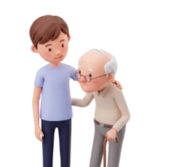 A younger man gently supports an older man who is using a cane.